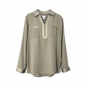 Chicos Women Zipper Front Collared Tunic Top Sz 1 M Green Office Preppy Business